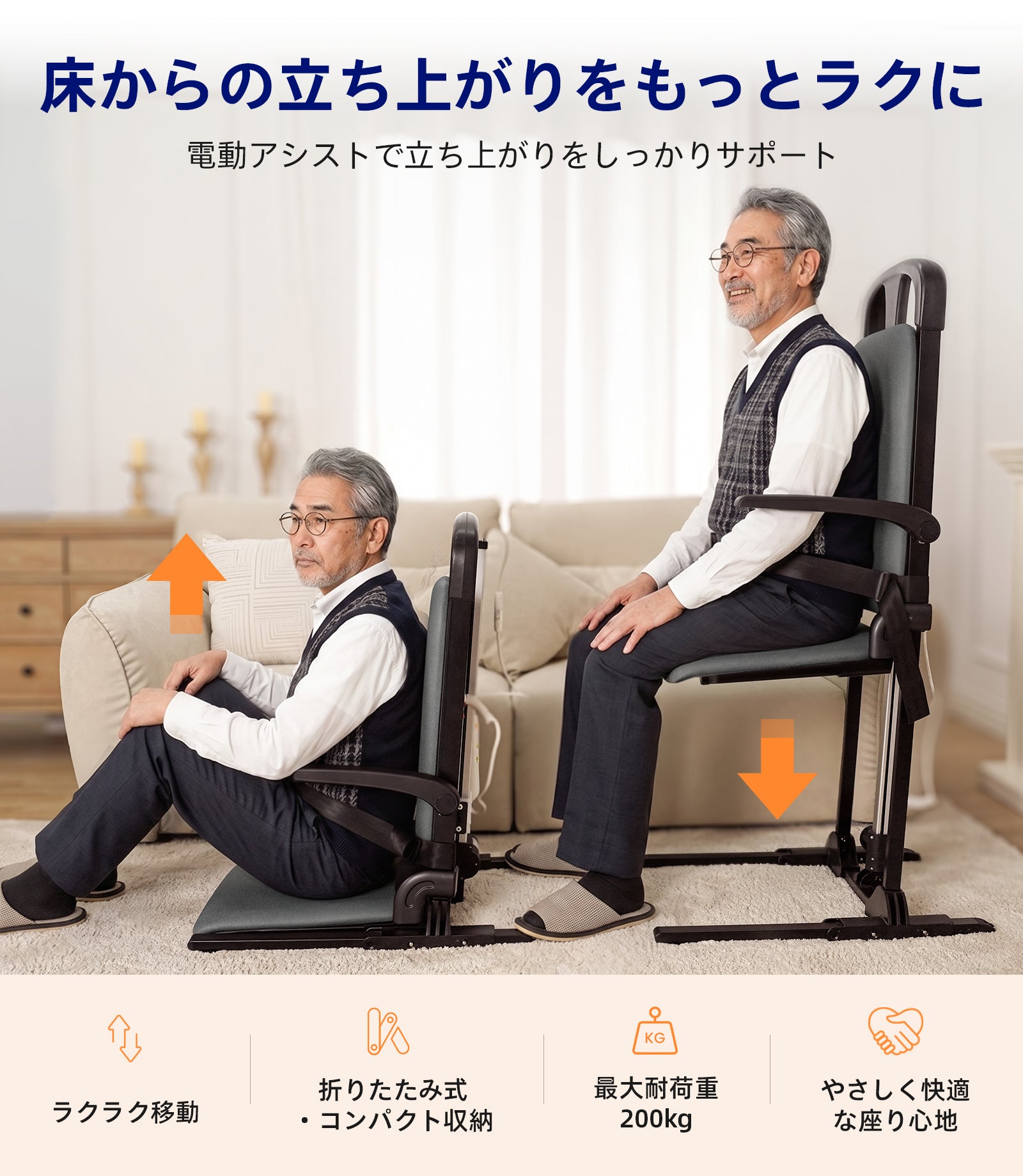 Maidesite AX15 電動フロアリフトチェア 【耐荷重200kg / T字型超安定ベース / コードレス充電式】 畳・床からの立ち上がり補助・転倒補助リフト